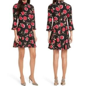 Kate Spade Hazy Rose Black Floral Midi Dress Ruffle Neck A-Line XS NWOT